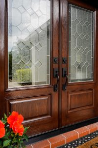 Signet Oak 440-1P French Entry Door_Truffle_Constance Decorative Glass_CloseUp